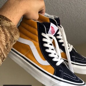 VANS: yellow and navy blue high tops, sk8-hi